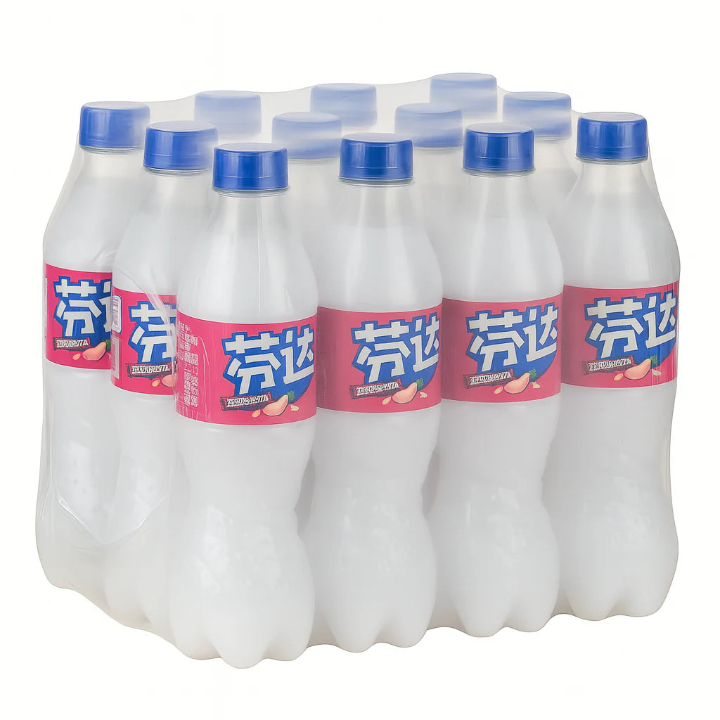 Multiple bottles of a beverage with blue caps and pink labels on a white background