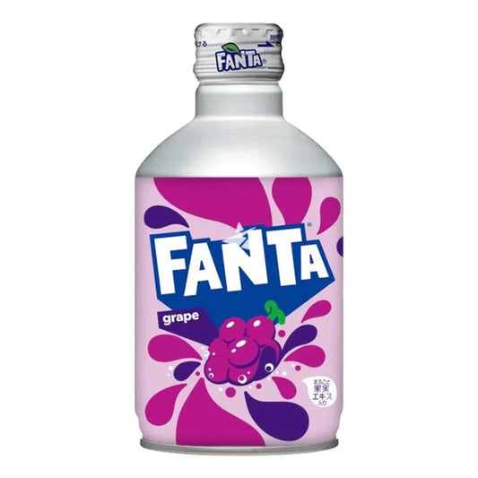 Fanta grape soda bottle with pink and purple design on a white background