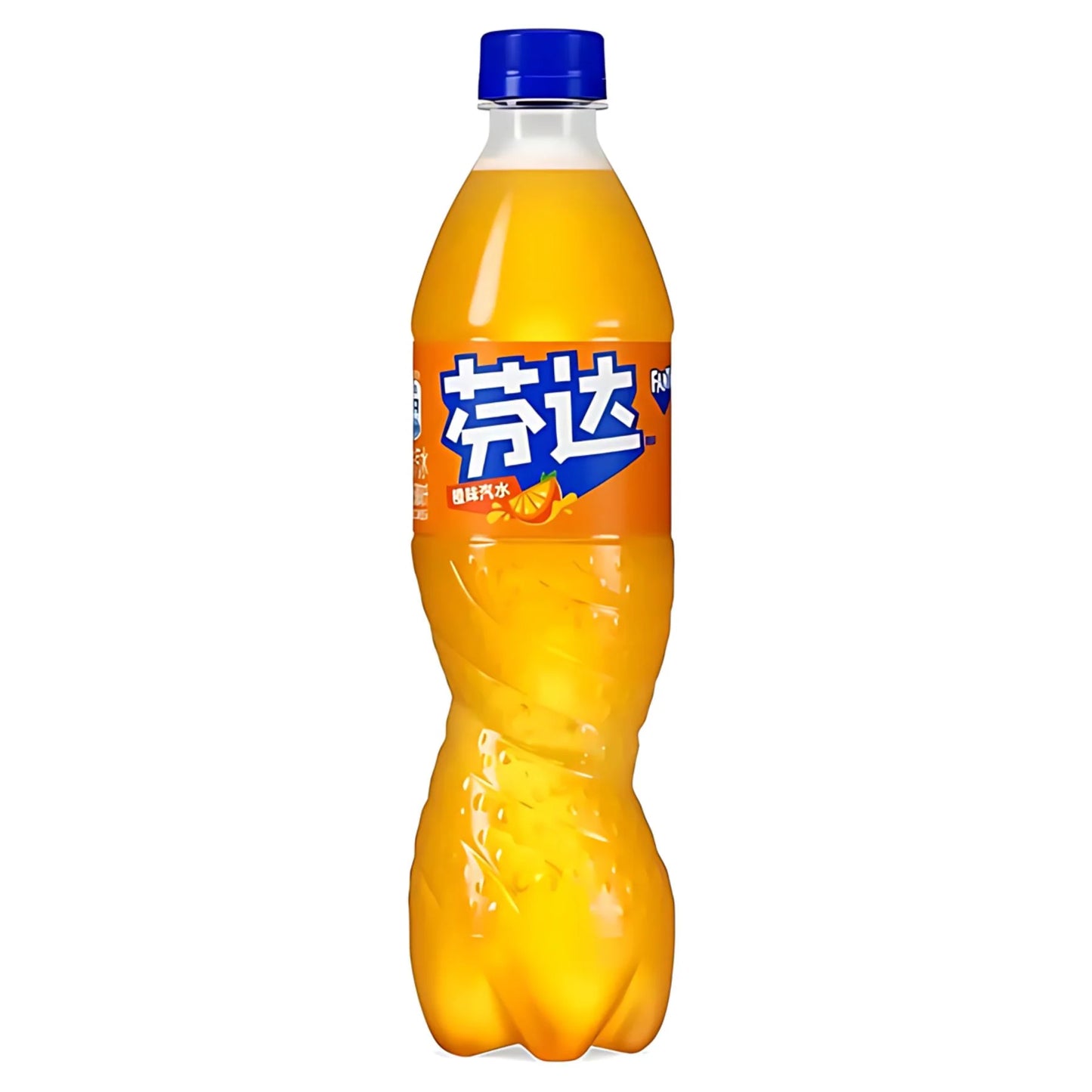 Orange soda bottle with blue cap on a white background
