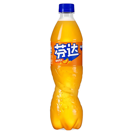 Orange soda bottle with blue cap on a white background