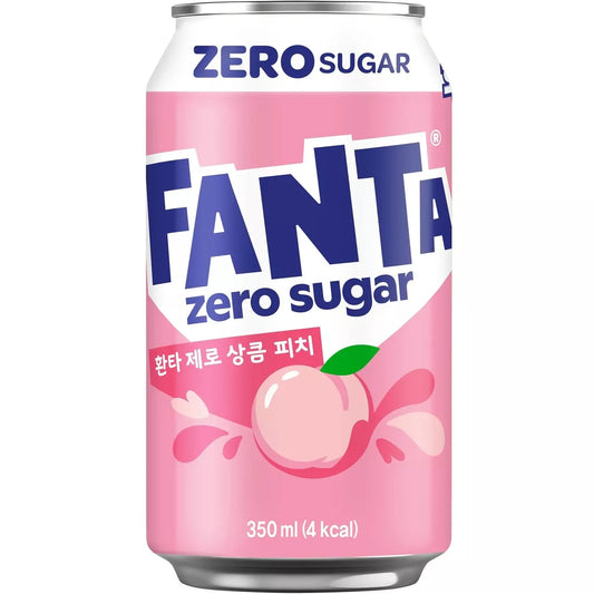 Fanta White Peach Zero Sugar Korea 350ml can on a white background