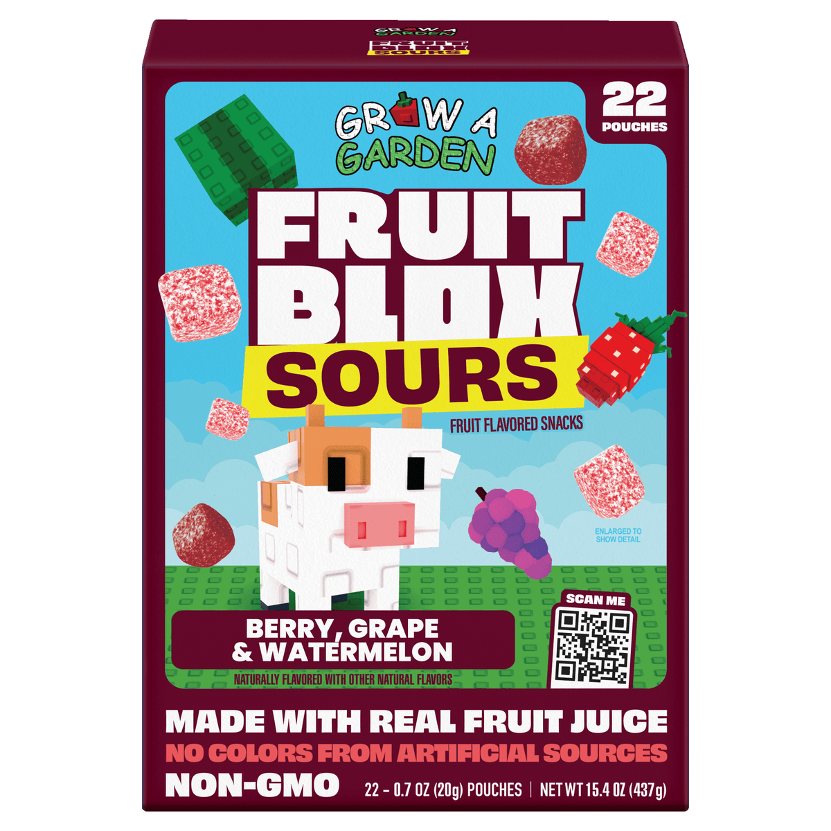 FruitBlox Sours Berry Grape and Watermelon 437g 22-pouch box on white background
