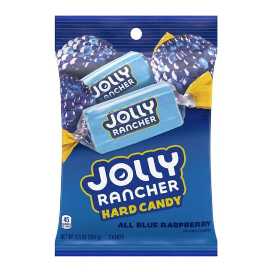 Jolly Rancher hard candy package with blue and yellow colors on a white background