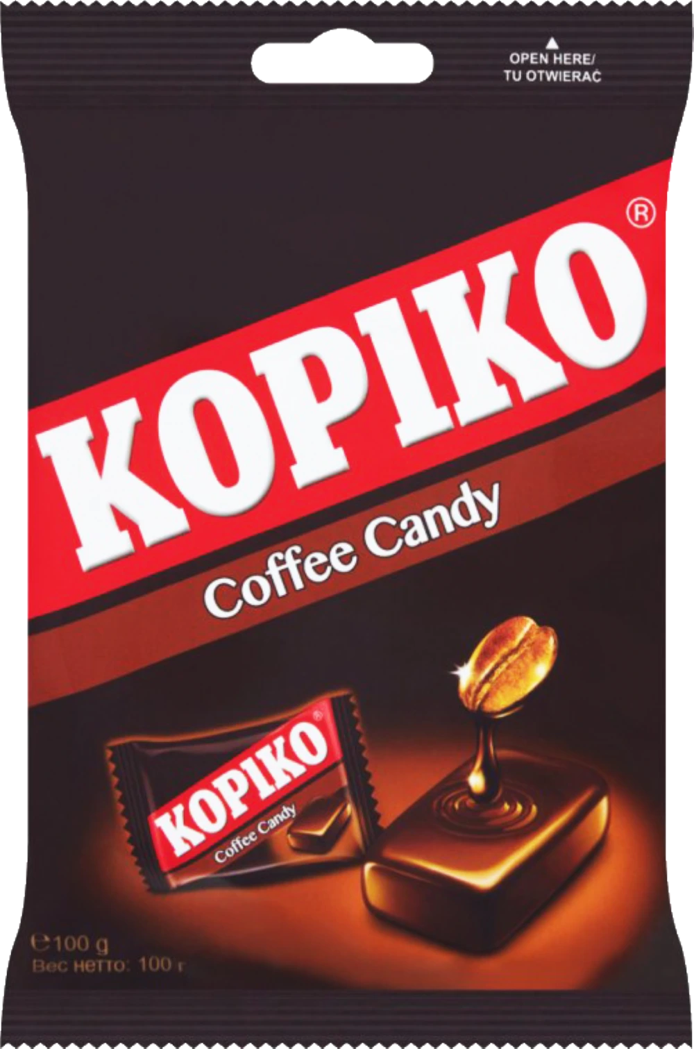 Kopiko Coffee Candy packaging with a dark background