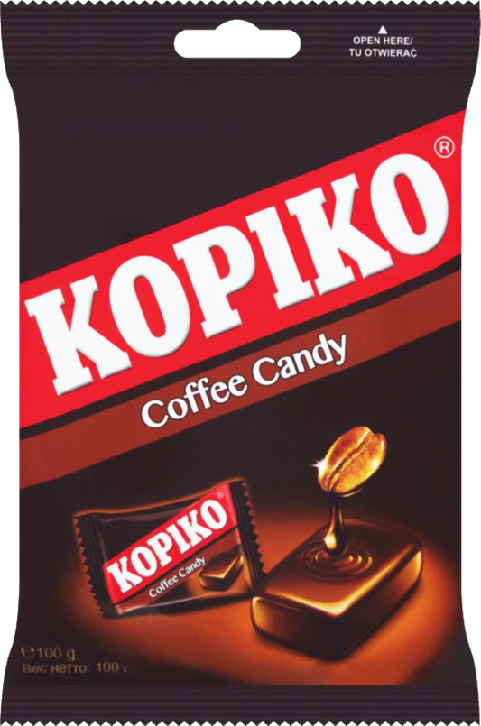 Kopiko Coffee Candy packaging with a dark background