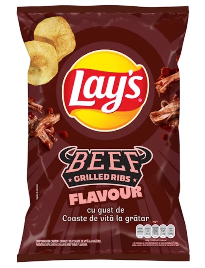 Lay's Beef Grilled Ribs flavor potato chip bag on a white background
