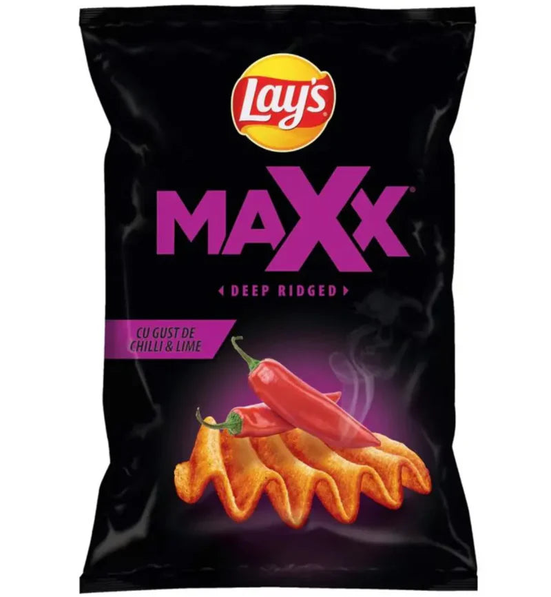 Lay's Maxx chip bag with chili and lime flavor on a black background