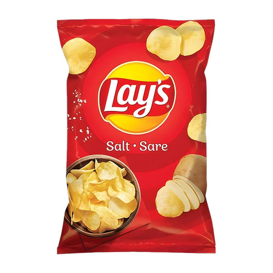 Red Lay's potato chips bag with yellow chips on a white background
