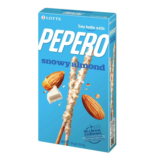Box of Lotte Pepero snowy almond on a white background