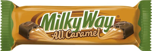 Milky Way All Caramel candy bar packaging with green and brown design.