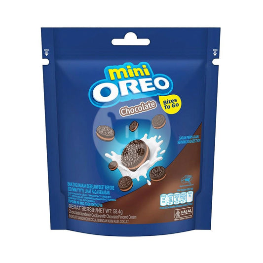 Packaging of mini Oreo chocolate cookies on a white background