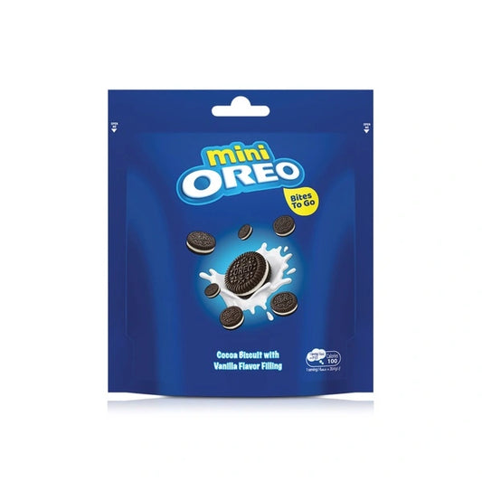 Blue packaging of Mini Oreo cookies on a white background