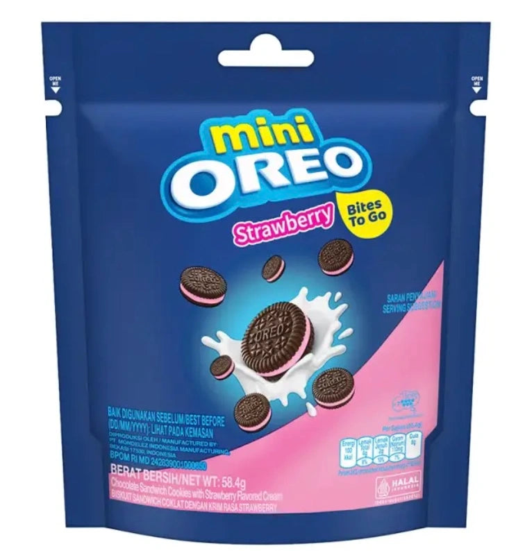 Packaging of mini Oreo Strawberry cookies with blue and pink design