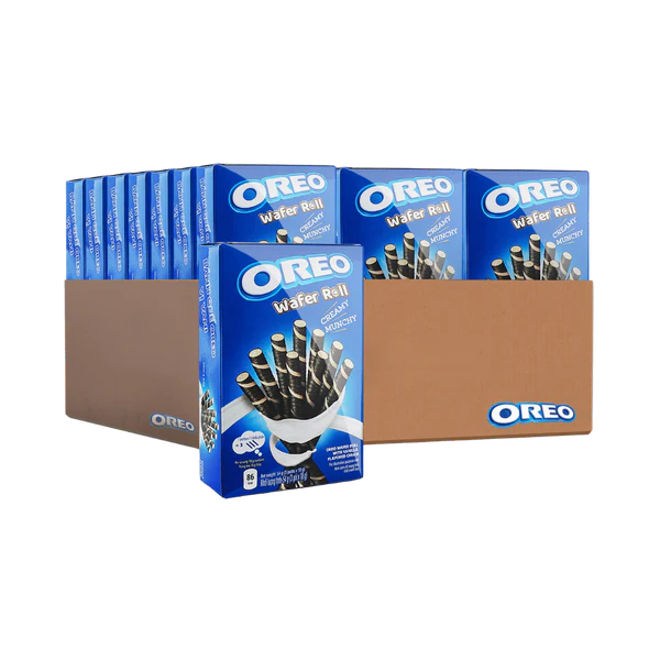 Multiple boxes of Oreo Wafer Rolls on a white background