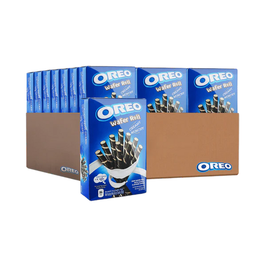 Multiple boxes of Oreo Wafer Rolls on a white background