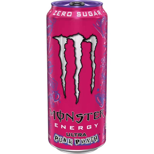 Pink can of Monster Energy Ultra Punk Punch on a white background