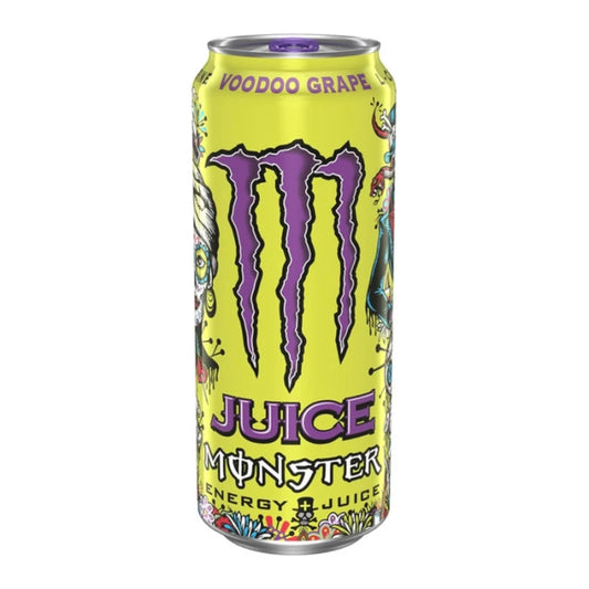 Monster Energy Drink can with Voodoo Grape flavor on a white background