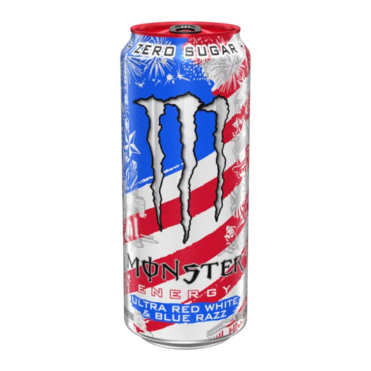 Monster Energy drink can with American flag design on a white background