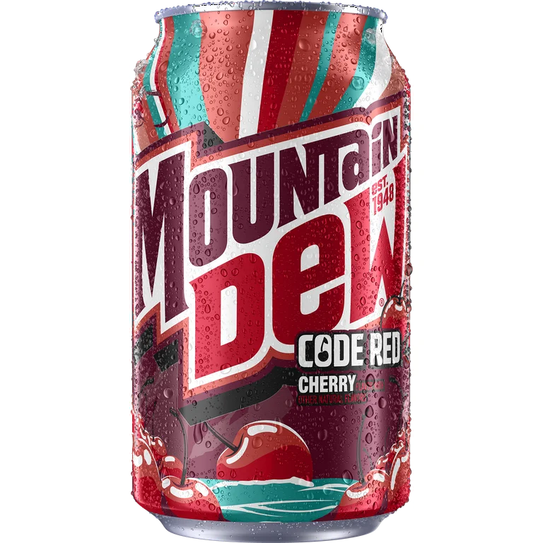 Mountain Dew Code Red Cherry can with cherry graphics on a white background