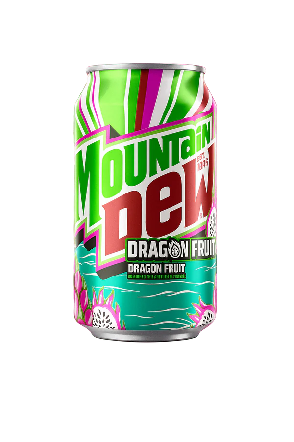 Mountain Dew Dragon Fruit can with colorful design on a white background