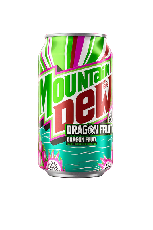 Mountain Dew Dragon Fruit can with colorful design on a white background