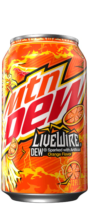 Mountain Dew LiveWire can with fiery design on a white background