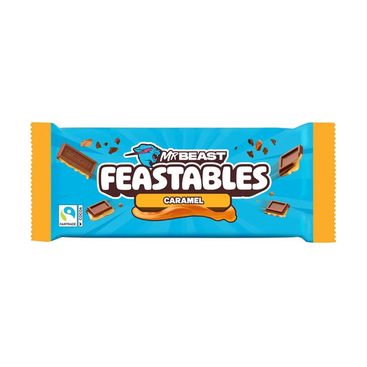 Caramel flavored snack bar packaging with 'Mr Beast Feastables' branding on a white background