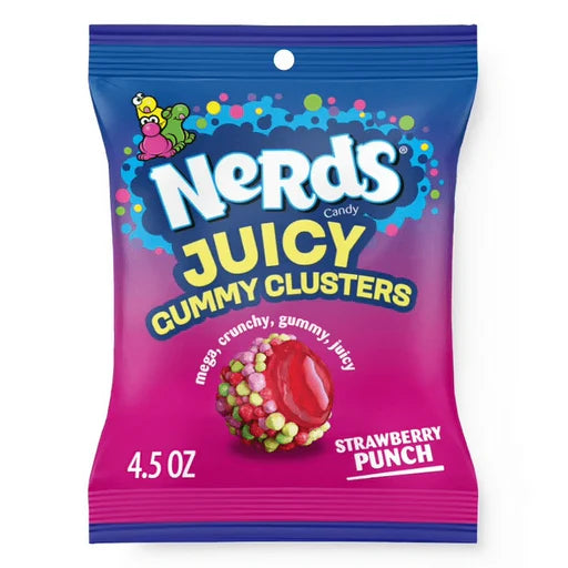 Nerds Juicy Gummy Clusters packaging with colorful design on a white background