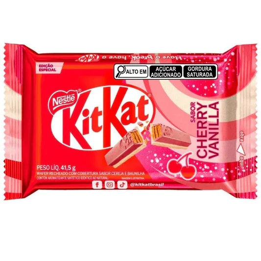 Kit Kat cherry vanilla flavor packaging with Nestle logo on a white background