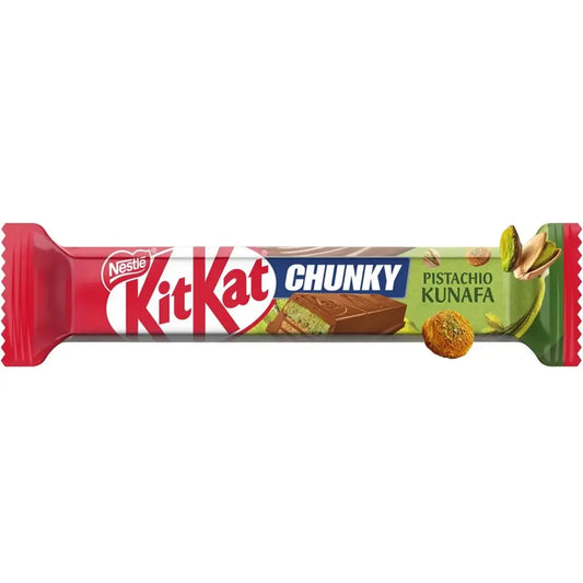 KitKat Chunky Pistachio Kunafa chocolate bar packaging on a white background