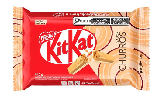 KitKat chocolate bar packaging with Churros flavor on a white background