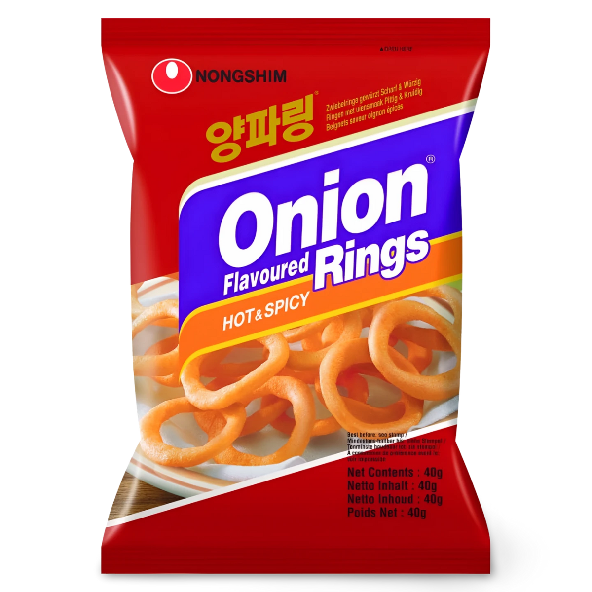 Nongshim Onion Rings Hot & Spicy 40g pack, front view