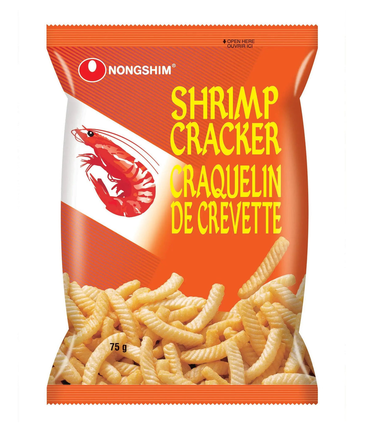 Nongshim Shrimp Cracker 75g orange packet, front view