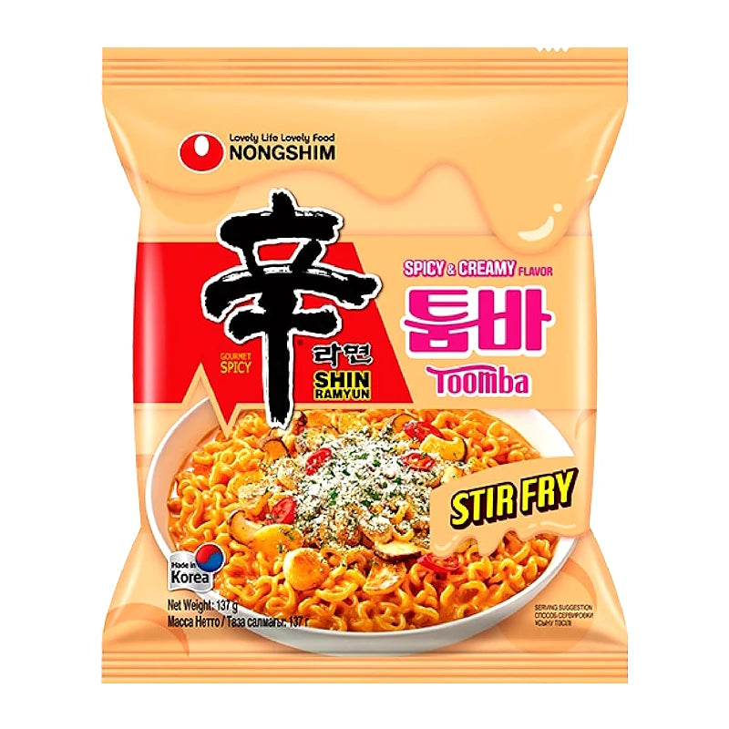 Nongshim Shin Ramyun Spicy & Creamy flavor package with noodle dish illustration on a white background