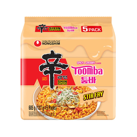 Packaging of Shin Ramyun Toomiba Stir Fry noodles with Nongshim logo on a white background
