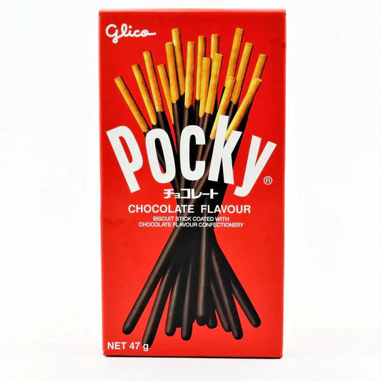 Box of Pocky chocolate-flavored biscuit sticks with Glico branding on a white background