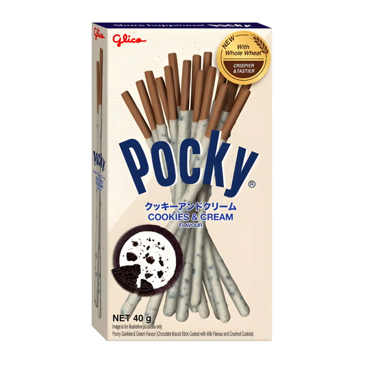 Box of Pocky Cookies & Cream flavor on a white background