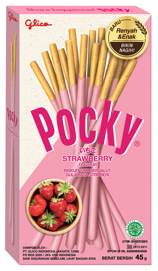 Pink Pocky box with strawberry flavor text and Glico branding