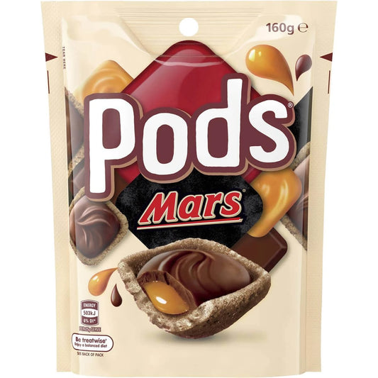Mars Pods packaging with chocolate and cookie elements on a beige background
