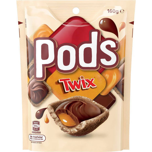 Packaging of Twix 'Pods' showing a close-up of a Twix bar with chocolate and caramel elements.