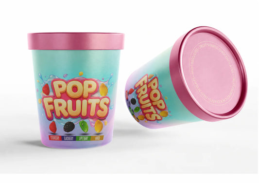 Ice cream container with 'Pop Fruits' branding on a white background