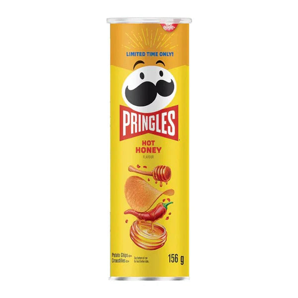 Pringles Hot Honey flavor potato chip can on a white background