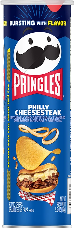 Pringles Philly Cheesesteak flavor packaging on a white background