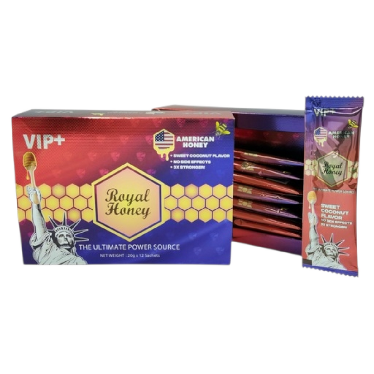 VIP+ Royal Honey sweet coconut flavour display box with twelve 20g sachets on white background