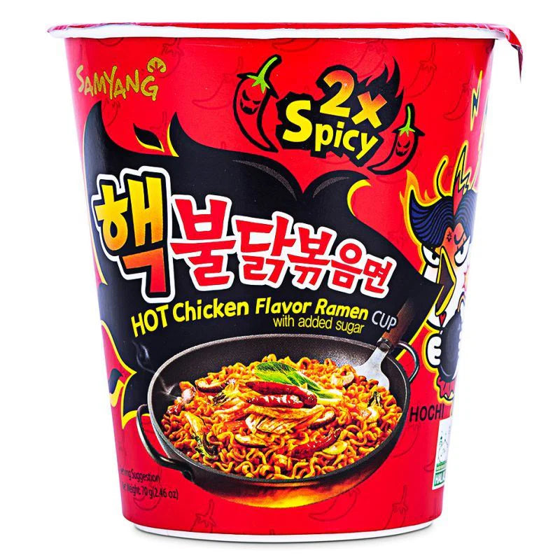 Samyang 2X Spicy Hot Chicken Flavor Ramen cup with vibrant red and black design.