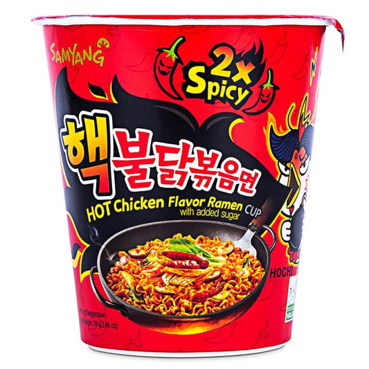 Samyang 2X Spicy Hot Chicken Flavor Ramen cup with vibrant red and black design.