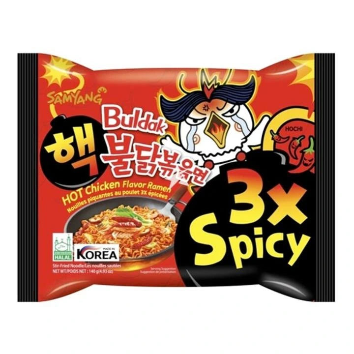Samyang Buldak Hot Chicken Flavor Ramen package with 3x Spicy text on a white background