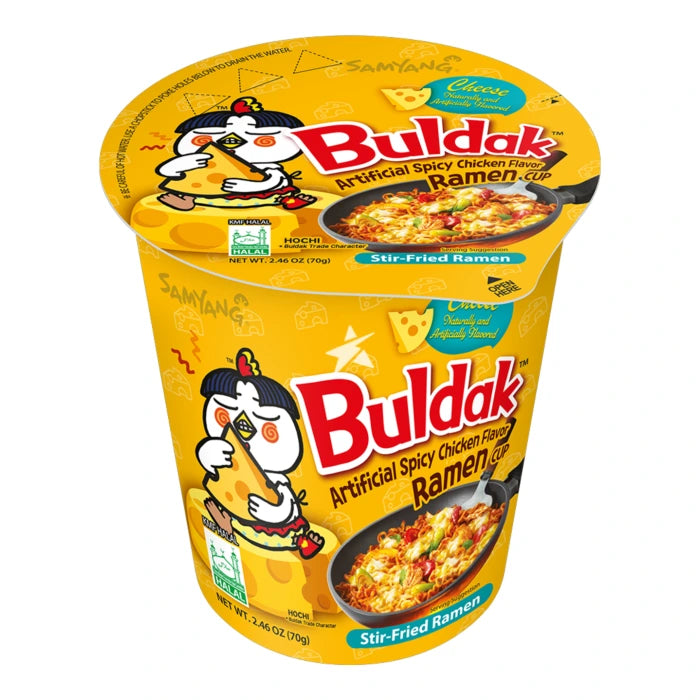 Buldak Artificial Spicy Chicken Flavor Ramen cup on a white background