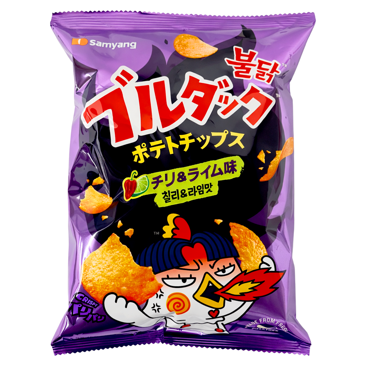 Purple packaging of Samyang Buldak potato chips with cartoon character and text.