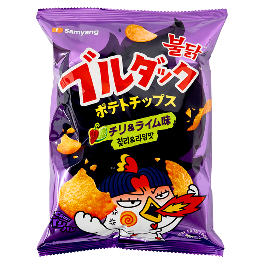Purple packaging of Samyang Buldak potato chips with cartoon character and text.
